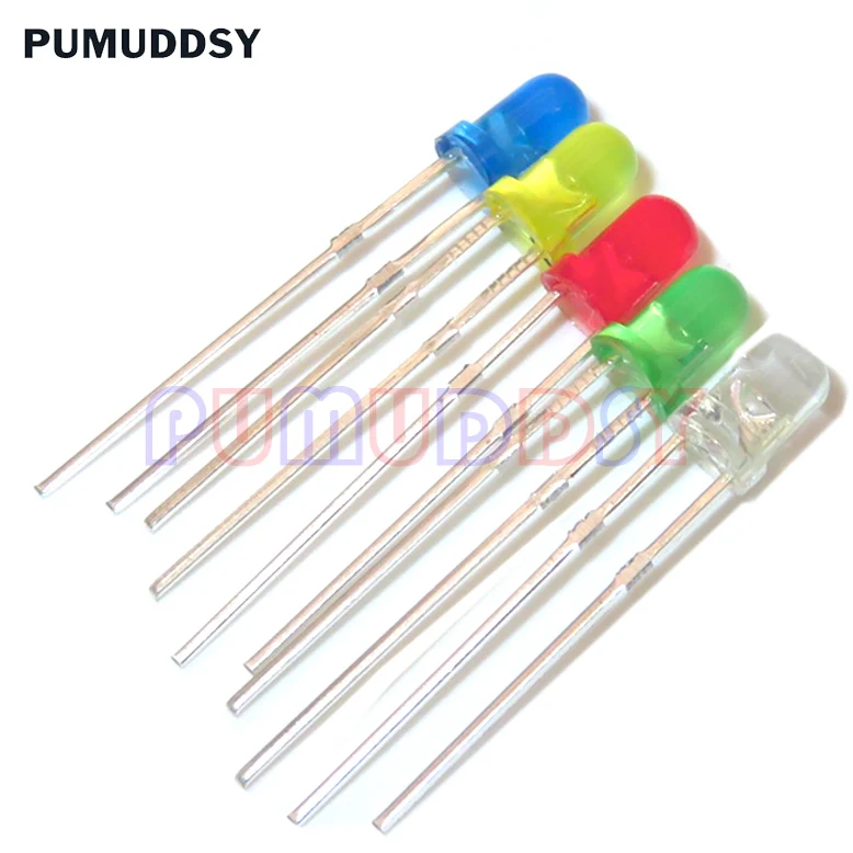 100PCS 3mm LED Diode Light Assorted Kit 5Colors*20PCS F3 White Yellow Red Green Blue  Component DIY Kit PUMUDDSY