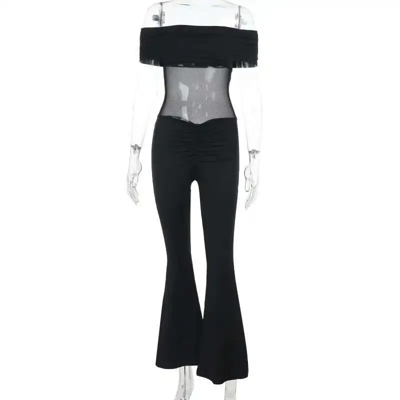 

Shoulder Xy25027 One Mesh Splicing Sexy Backless Black Slim Fit One-piece Pants Women's Clothing