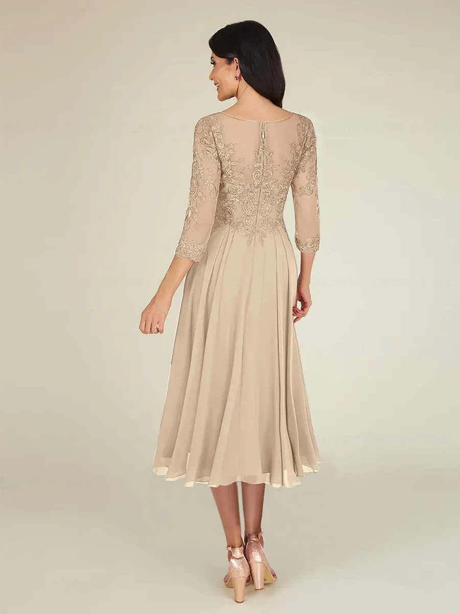 Champagne Mother of the Bride Dresses 2023 Sheath A-Line O-neck Lace Chiffon Pleated Wedding Party Dresses Robes Invitée Mariage