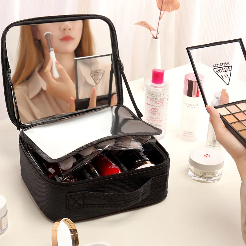 

Large Capacity Makeup Bag With Mirror Portable Handheld Professional Touch Up Bag INS Style Pure Color Other Material