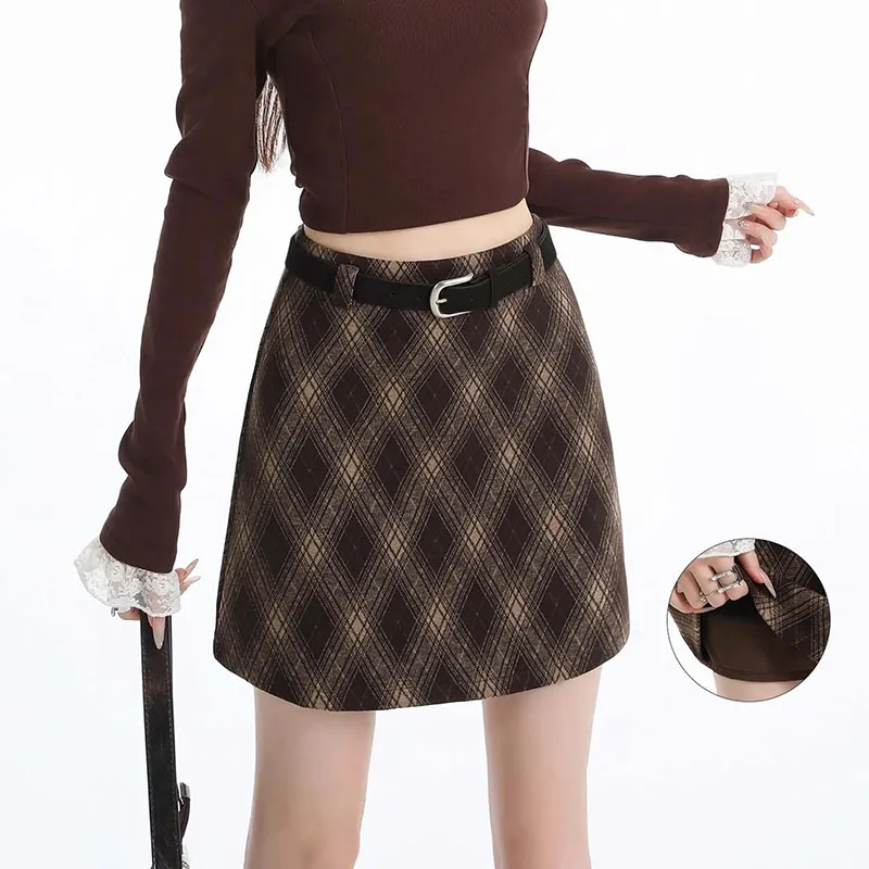 Vintage Argyle Plaid Skirt for Women 2026 Autumn Winter New High Waist Woolen Checkered Skirt Woman Korean Chic Bodycon Skirts