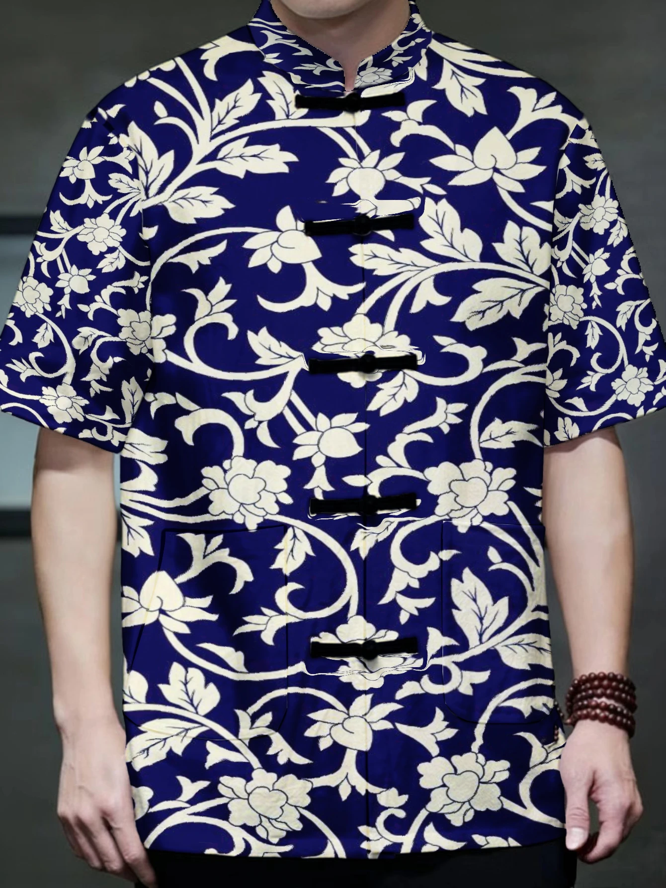 Mens Mens Chinese Style Tang Shirt Blue Floral Print Frog Button Loose Casual Outerwear - Aliexpress Deal