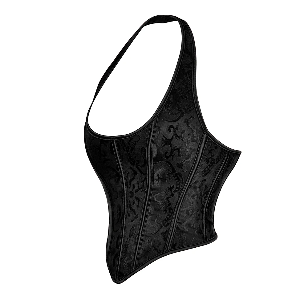 Halterneck Overbust Corset Vest Burlesque Sexy Backless Jacquard Bustier Crop Top