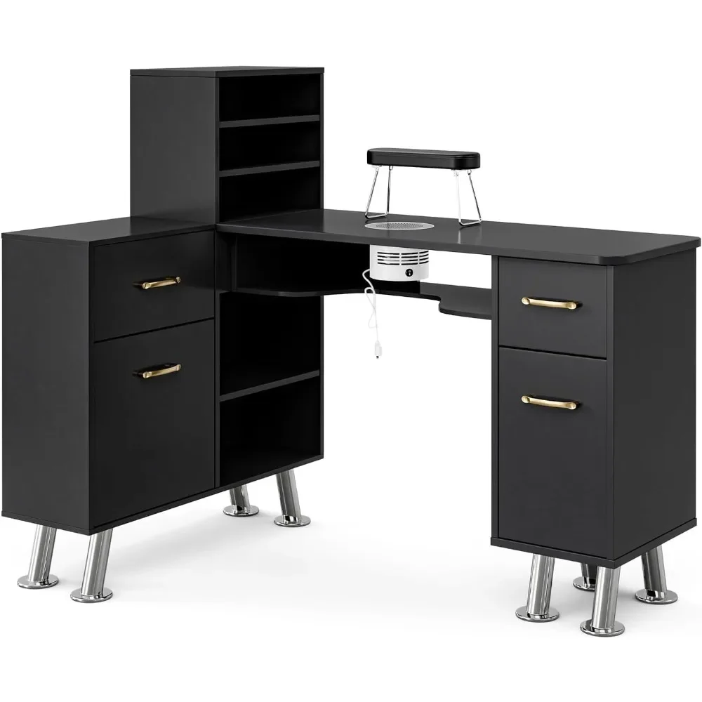 

L-Shaped Manicure Table Nail Station with Shelves, Nail Tech Table Nail Table Station w/Dust Collector, Storage Cabinets,