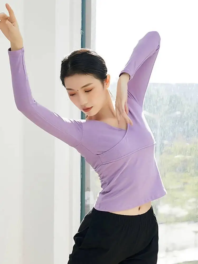 

Solid Color V Neck Slim Fit Dance Top Women Modern Contemporary Stage Practice Costume Elegant Shirt for Performance Rehearsal