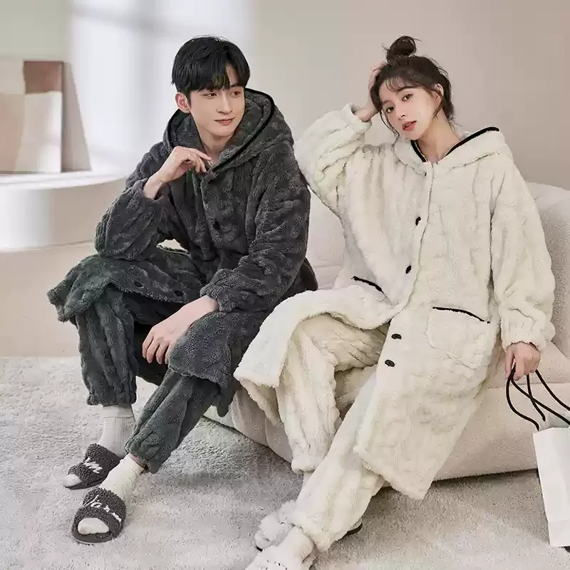 Velvet Couple Pajamas Autumn/Winter Thickened Warm Hooded Outer Wear Plus Size Casual Home Clothes Men's Pijama Suit Flannel Pjs