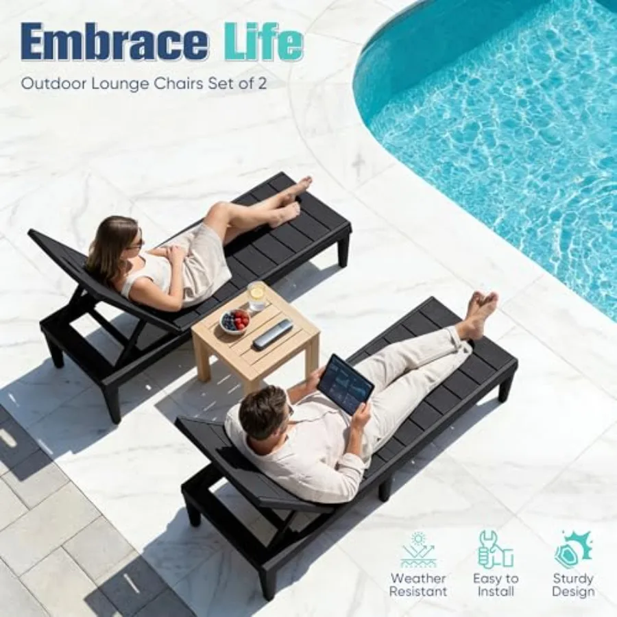 Outdoor Chaise Lounge Chair Set of 2 with 5-Position Adjustable Back, Waterproof and Lightweight PP Lounge Chairs for Outside P view 6
