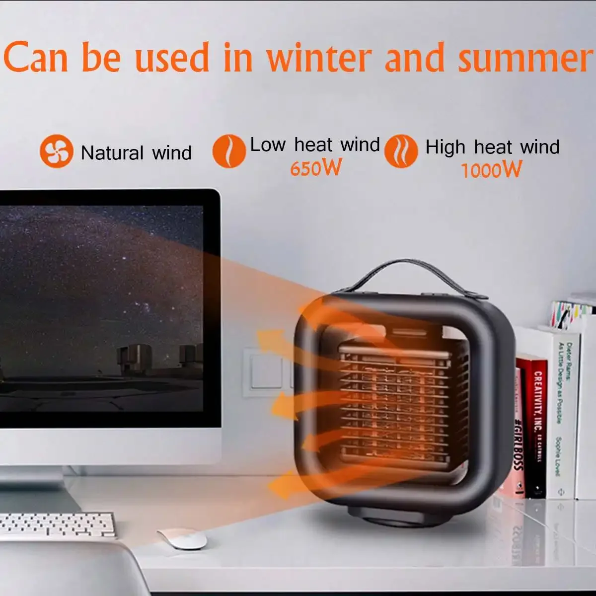 

1000W 3 Modes Portable Mini Heating and Cooling Dual-use Electric Heater Desktop Heater for Household Indoor Heating Camping