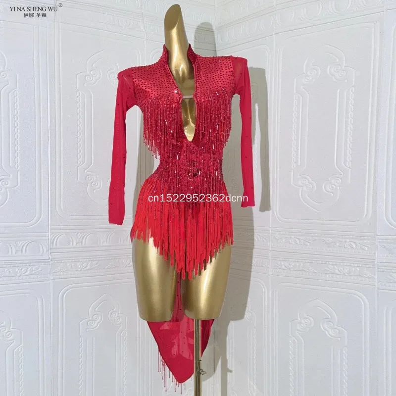 

Latin Dance Long Sleeved Dress Custom Senior AB Stones Fringe Dress Adult and Children's Competition Clothing 2026 New