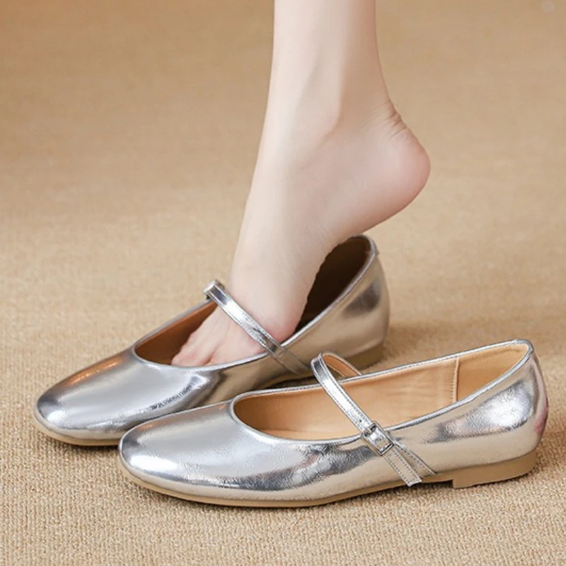 Silver Ballet Flats Shoes Women Elegant Mary Jane Shoes Soft Leather Buckle Strap Designer Casual Low Heels Wedding Dress Shoes