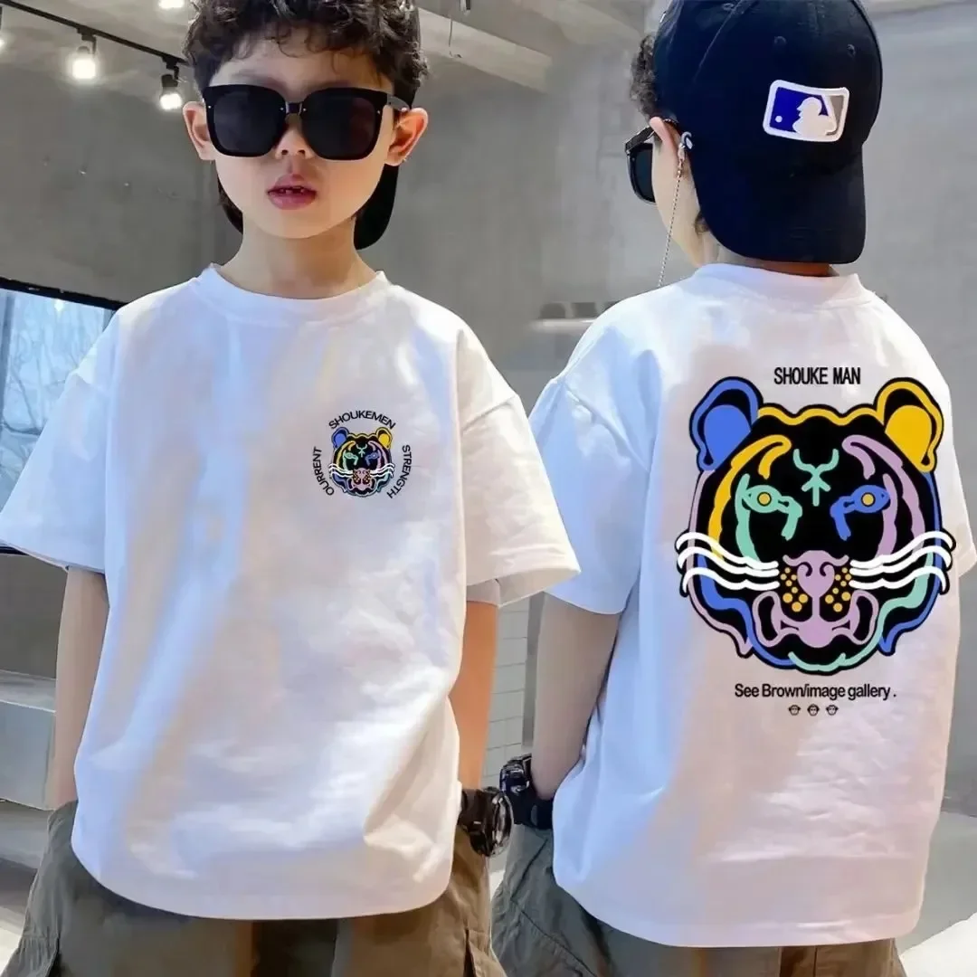 Boys 100% Cotton T-shirt Summer Cartoon Graffiti Lion Print Street Pop Girls T-shirt Short Sleeve Youth High Quality Top