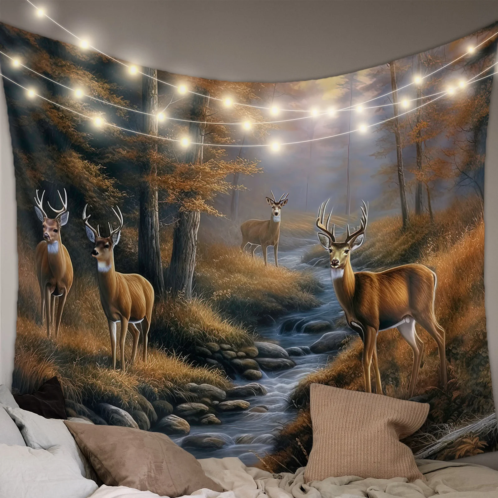 Forest Deer Creek Tapestry Wall Hanging Boho Wall Tapestry Xmas Bedroom Living Room Decor Hanging Cloth