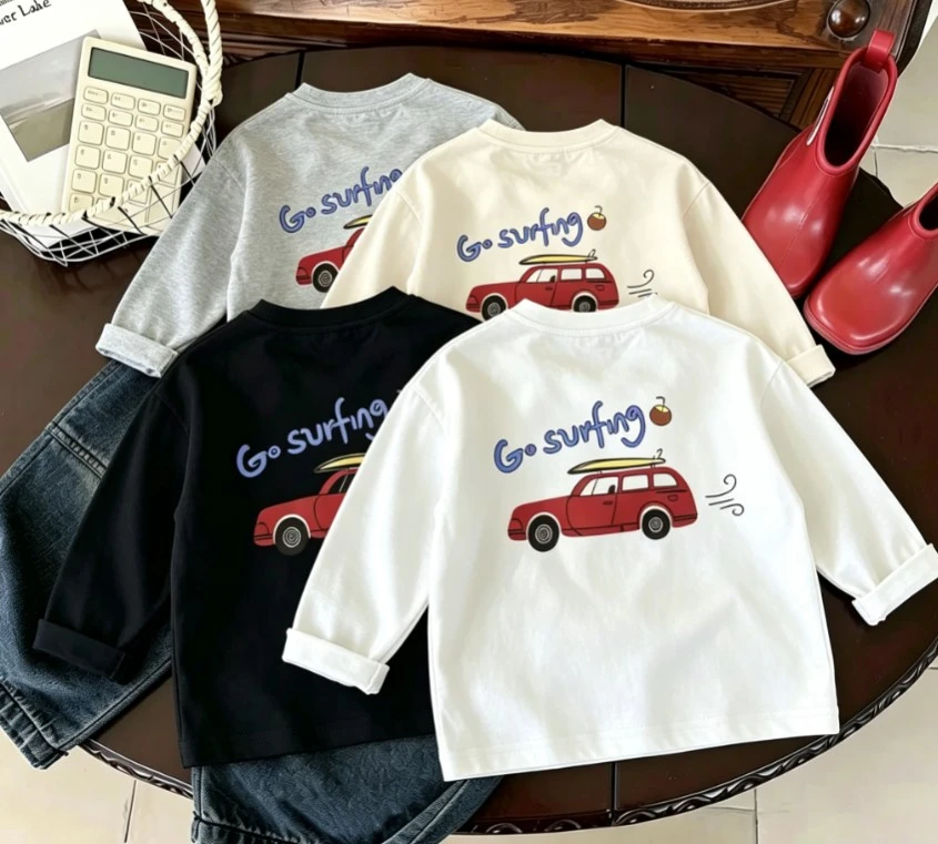 Camisetas de Manga Larga con Estampado de Coche de Surf de Dibujos Animados para Niños Pequeños, Camisetas de Tela Suave con Estampado Trasero y Eslogan 'Go Surfing', Disfraz de Bebé, Sudadera de Otoño