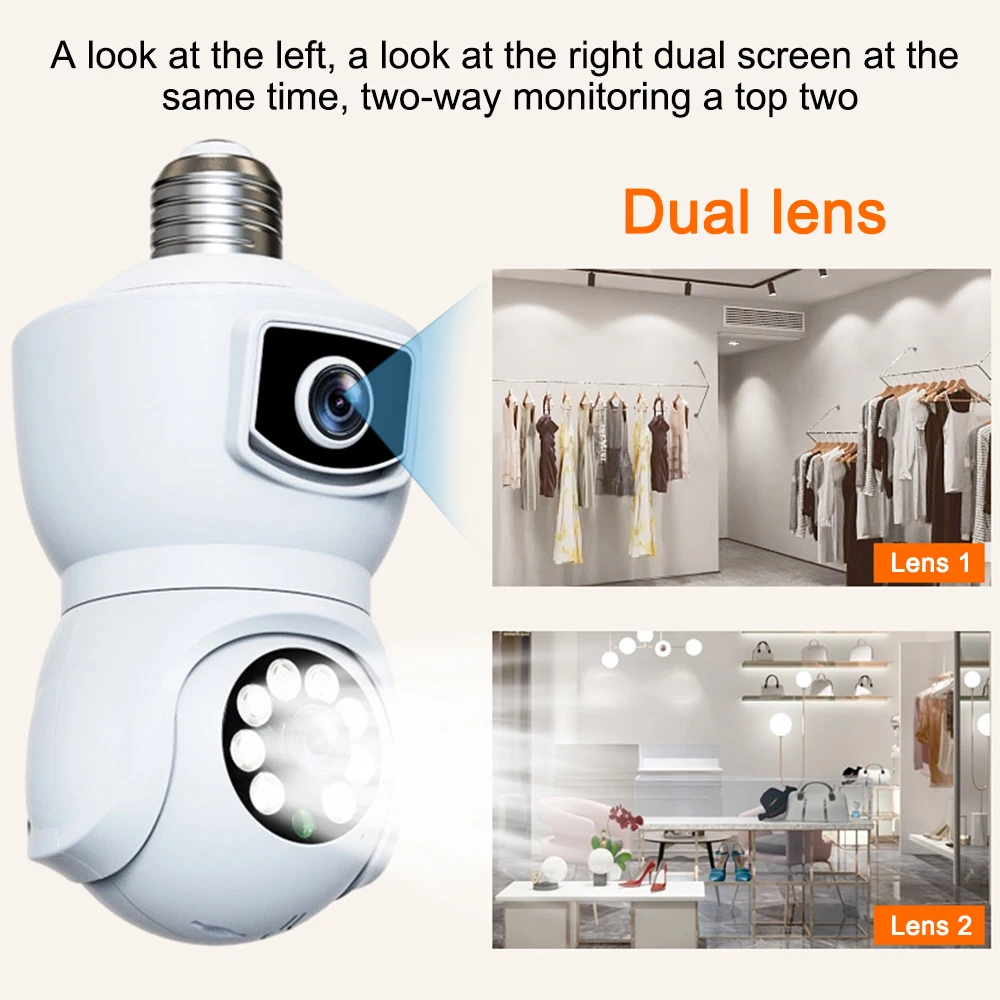 E27 4K 8MP Dual Screen Bulb WiFi Camera Dual Lens Auto Tracking Two Way Audio Color Night Vision Outdoor Security Camera 64GB