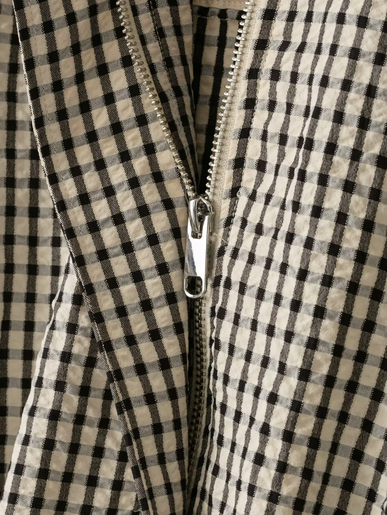 HH Damen Mode Karierter Mantel Hochkragen Langarm Reißverschluss Bomberjacke Frühling Herbst Vintage Casual Oberbekleidung Kurze Jacken – Detail 6