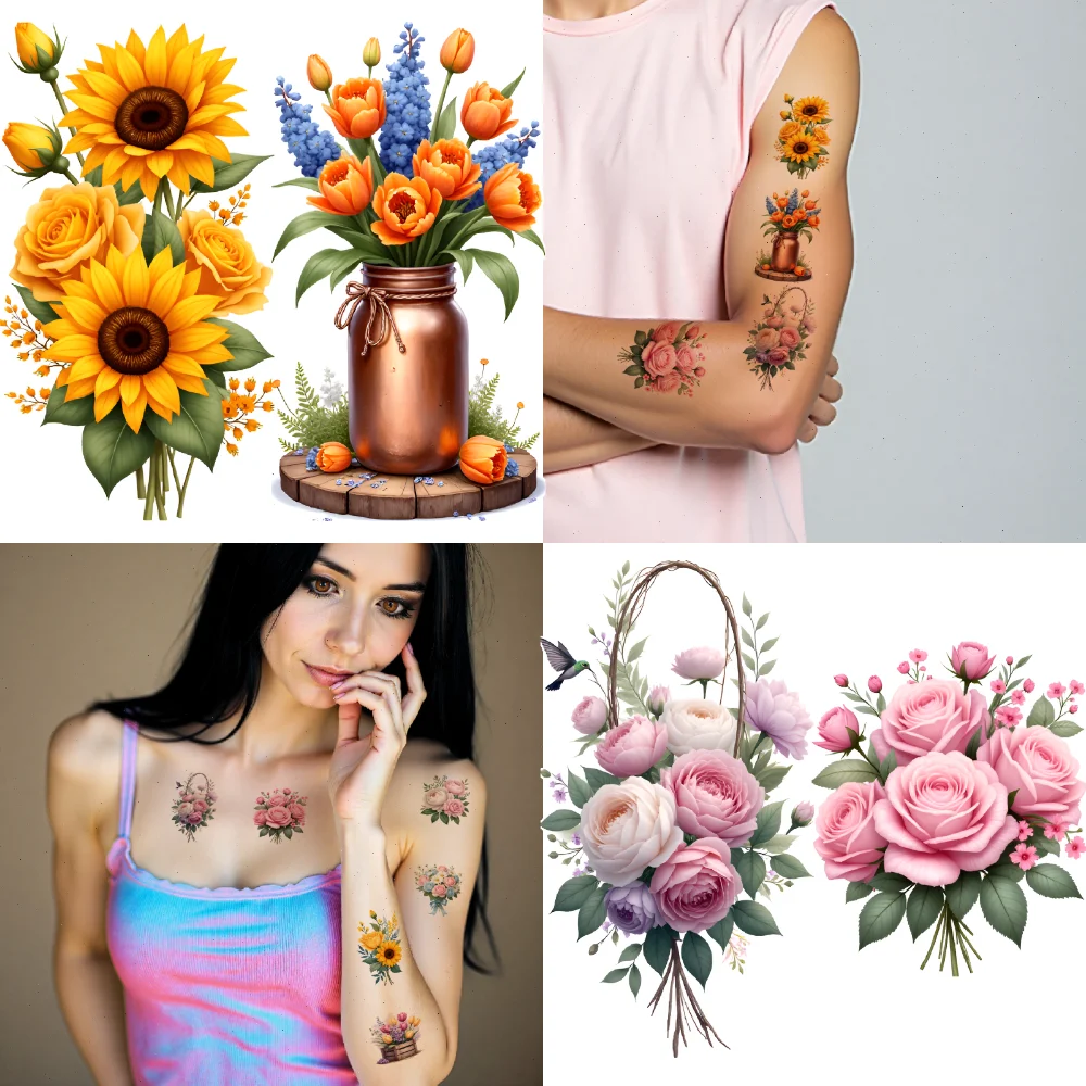 

28 шт., временные татуировки, букет, дизайн, иллюстрации, цветочные композиции, водонепроницаемые, долговечные наклейки для тела для женщин и мальчиков