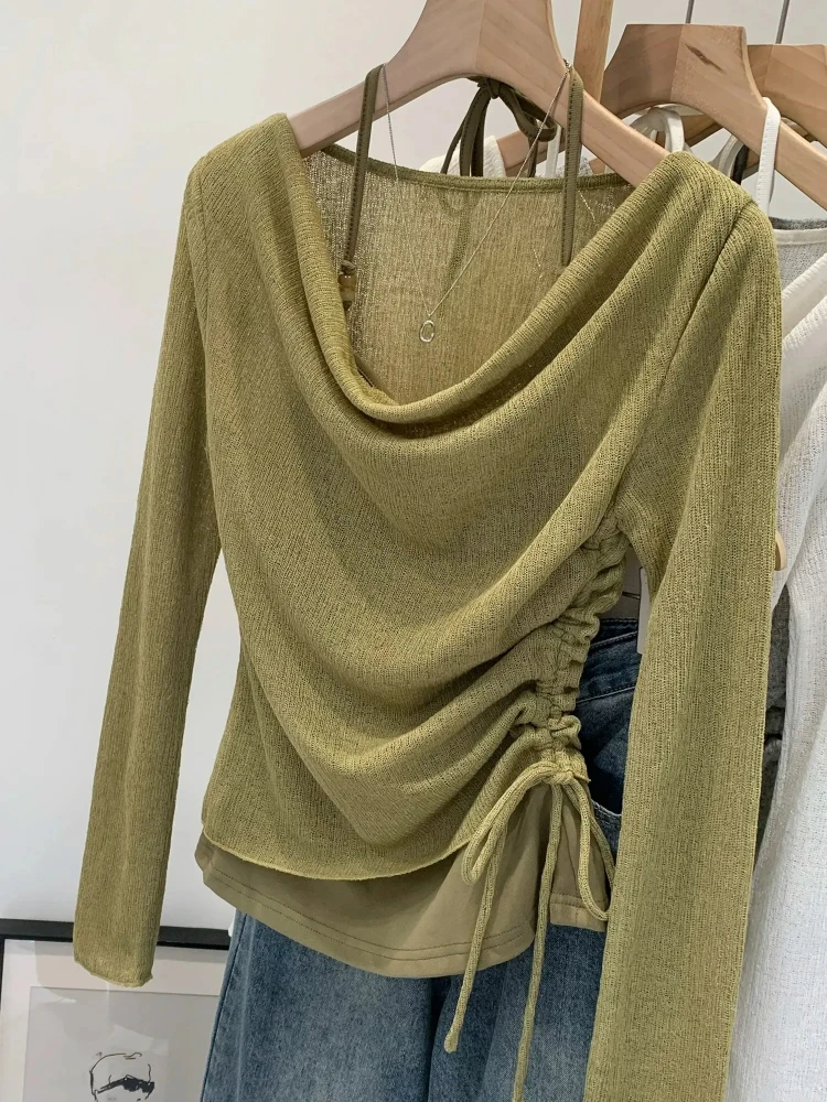 Green Illusion Two-Piece Long Sleeve T-Shirt with Waist-Cinching Neck Hanging Design And Pleats Slimming Top for Women