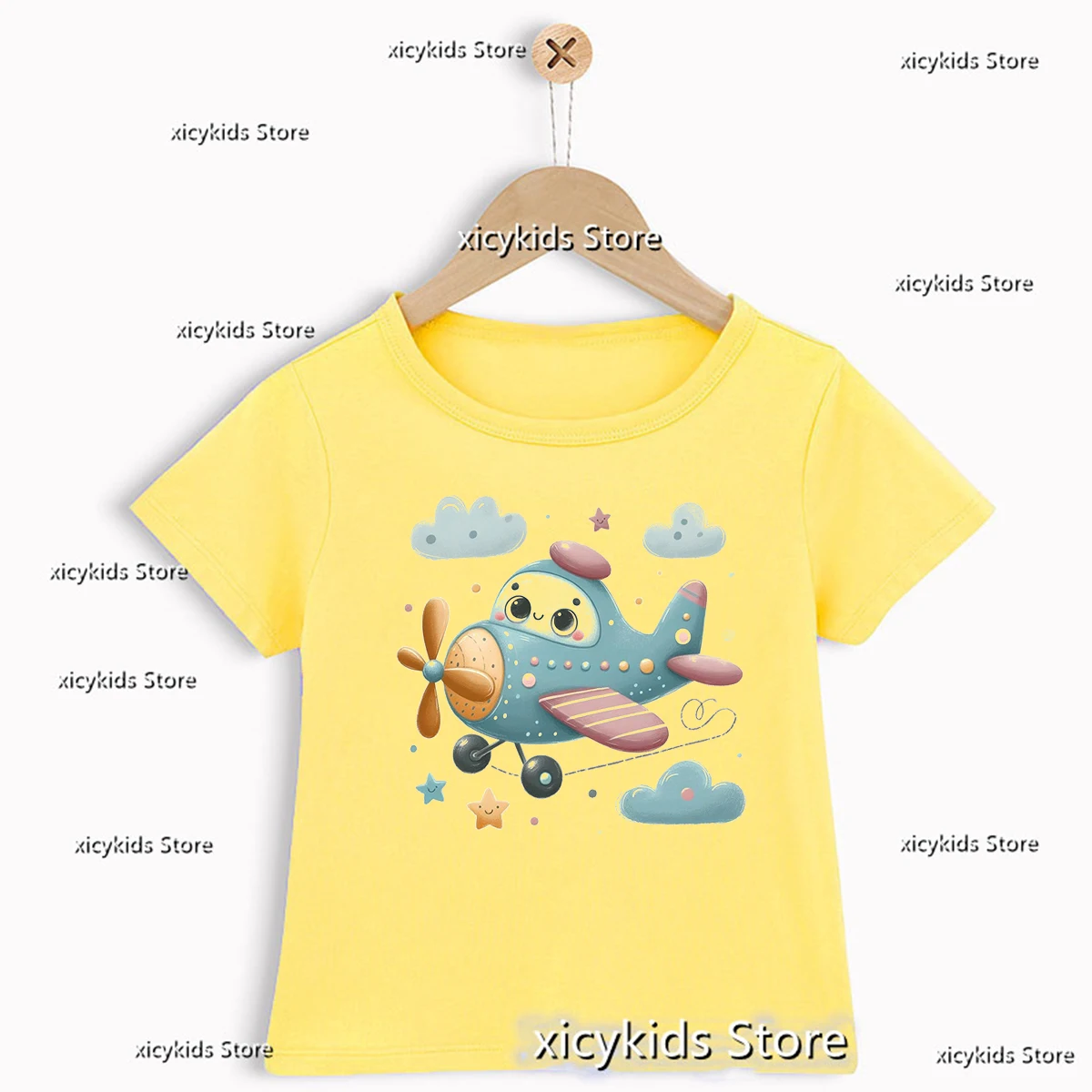 New Kids Tshirt Cute Train And Airplane Prints T-Shirt Boys Give Kids Birthday Gifts Clothes Tshirt Fashion Boy Yellow Shirt Top