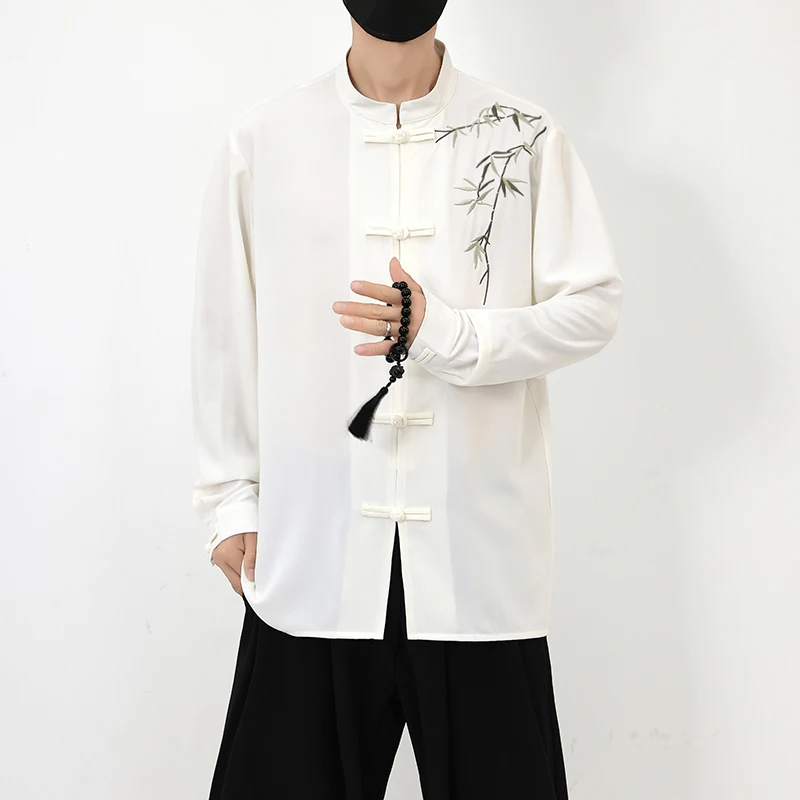 Chinese Style Bamboo Embroidery Stand Collar Button Down Long Sleeve Shirt Vintage Tang Dynasty Inspired Autumn Winter Top 5XL