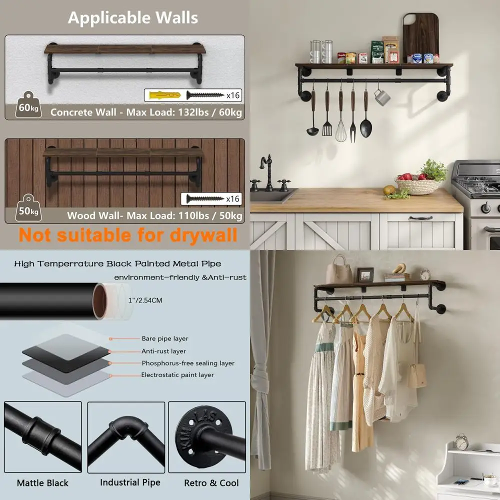 

Wall-Mounted Industrial Pipe Clothing Rack with Shelf and Hooks, 41, 135 lbs Load Capacity, Black