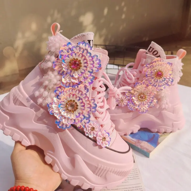 

Women's Pink Platform Sneakers With Rhinestone & Tassel Floral Decoration High-top Thick Sole Height Increasing Shoes