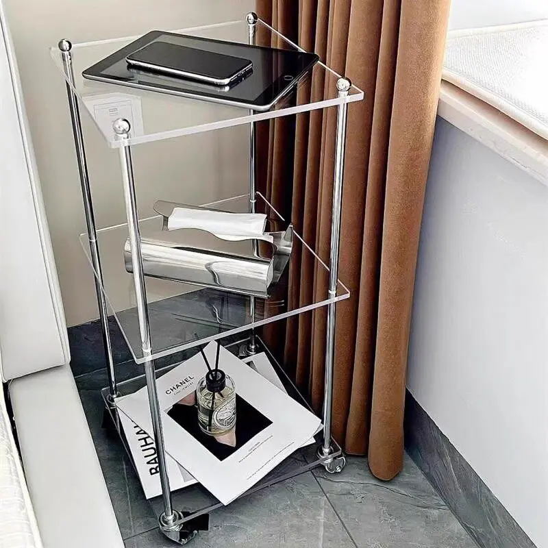 

Vintage Acrylic Stainless Steel Rolling Cart Multi-Tier Side Table Bedroom Nightstand Movable Home Living Room Book Storage Rack