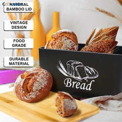 Large Capacity Metal Bread Bin Box, Kitchen Food Storage Containers, Outdoor Picnic Snack Storage Box with Handle and Bamboo Lid