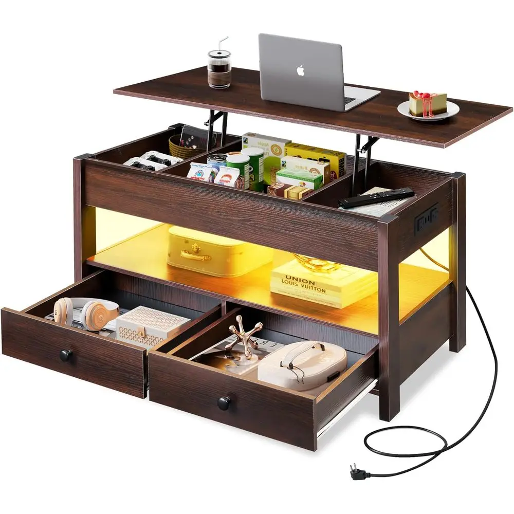 

Modern LED-lit Coffee Table with Storage and Open Shelves for Living Room