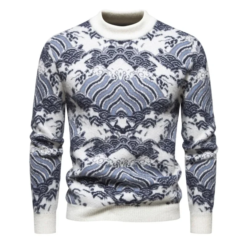 Heavy New Fashion Landscape Pattern Long-sleeved Sweater Autumn and Winter Casual Round Neck Sweater Jumper