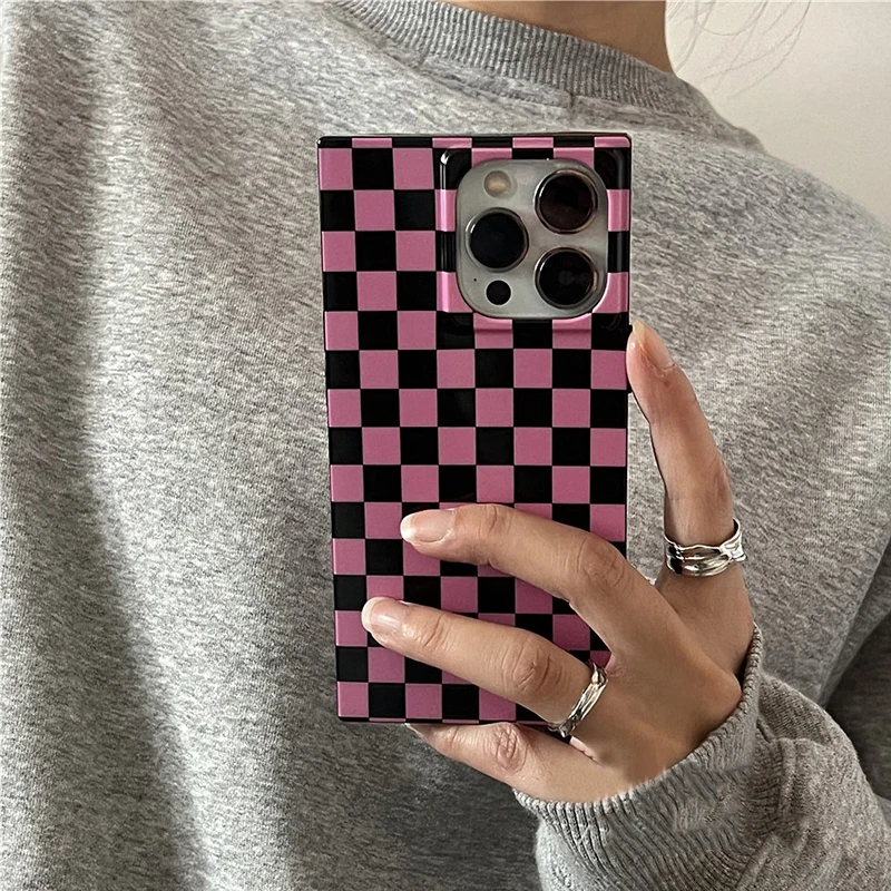 Fashion Pink Black Plaid Shockproof Back Cover Case For iPhone 15 Pro Max 17 16 13 14