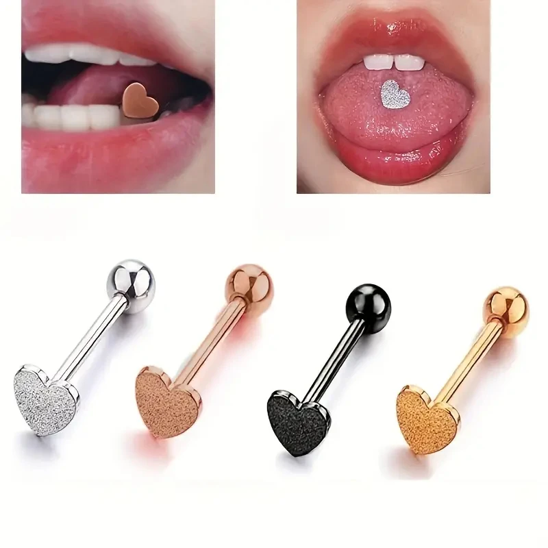 1pc 14G Multiple Colors Stainless Steel Tongue Barbell Rings With Matte Heart-shaped Nipple Labret Stud Piercing Jewelry