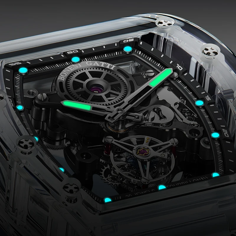 

Мужские часы BONEST GATTI с турбийоном — хрустальный корпус, сапфировый материал, водостойкий и светящийся, лучший бренд с резиновым ремешком