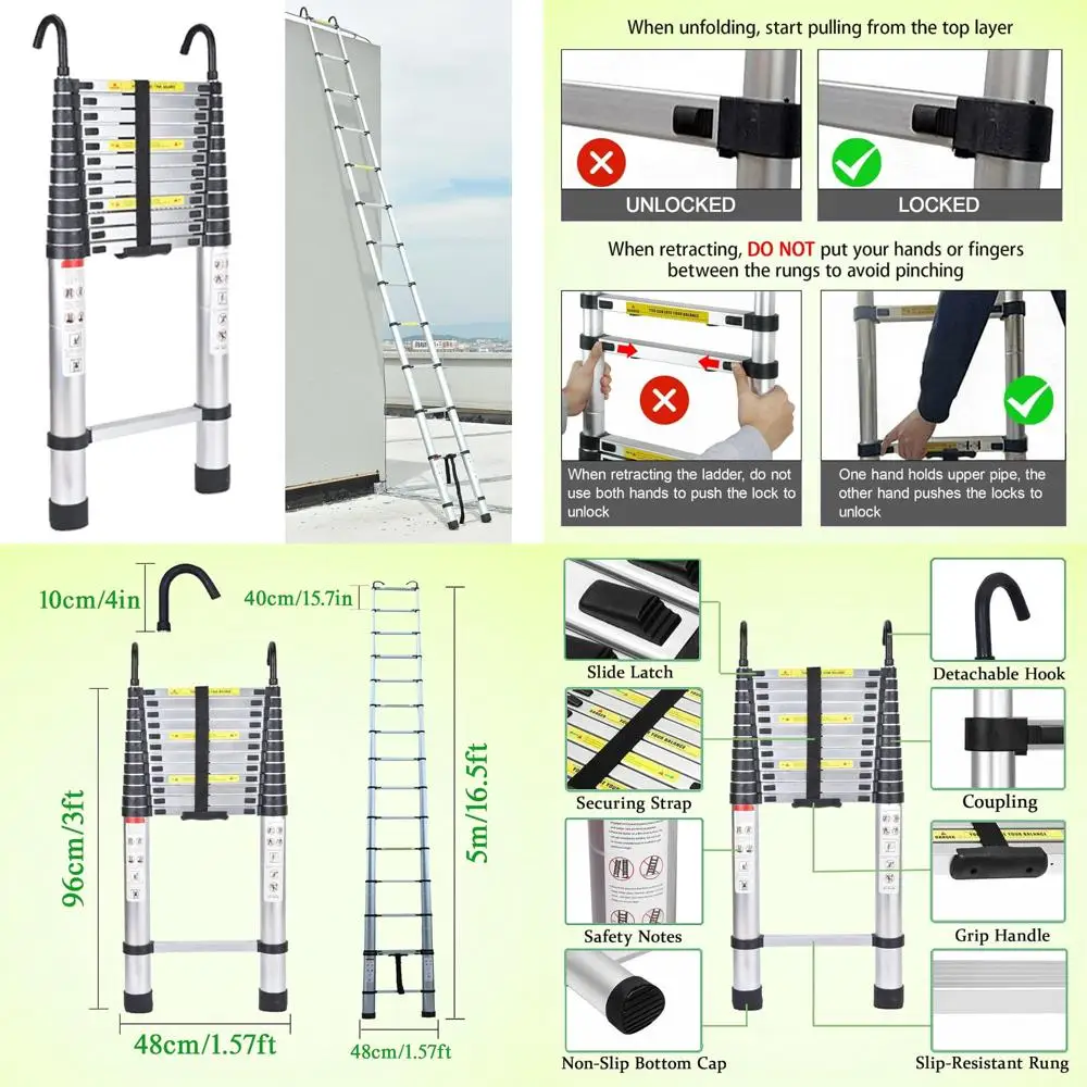 Алюминиевая телескопическая лестница длиной 16,5 футов — легкая складная удлинительная лестница для покров и домашнего использования