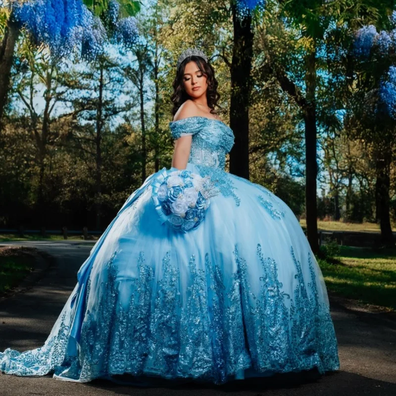 

Sky Blue Ball Gown Quinceanera Dresses Sequin Applique Lace Beading Crystal Bow Tull Corset Off Shoulder Sweet 16 Dress vestidos