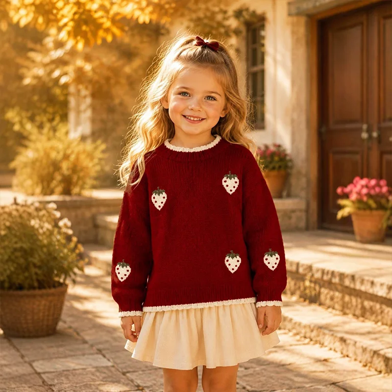 2-6 Years Girls Fashion Strawberry Knitted Sweater Autumn Winter Color Blocking Thicken Warm Pullover Kids Sweet Crew Neck Top