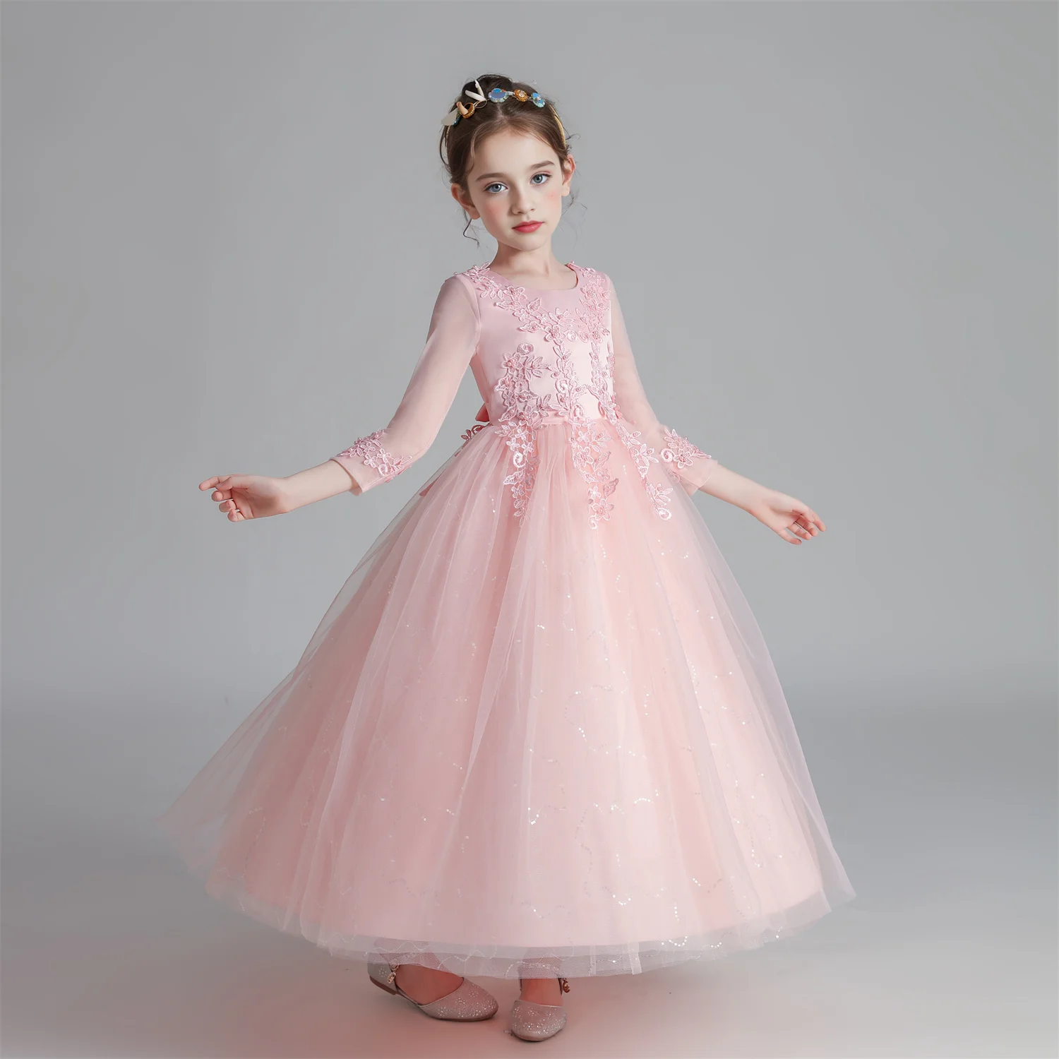 CW683 Princess Dress Girls' Pengpeng Yarn Spring/Summer New Long Sleeve Fashionable Children's Performance