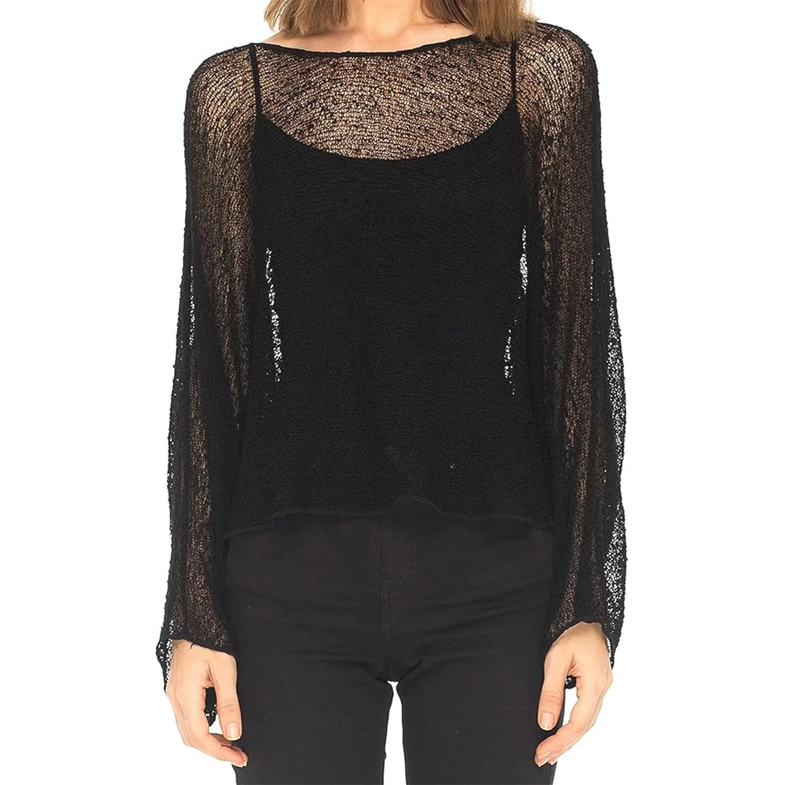 Women Knit Cover-up See-through Solid Irregular Loose Pullover Summer Beach Tops