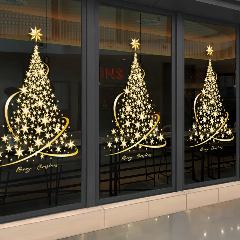 1PC Large Golden Christmas Tree Window Clings Stickers for Glass, Xmas Decals Home Decorations Holiday Christmas Decoration 2023