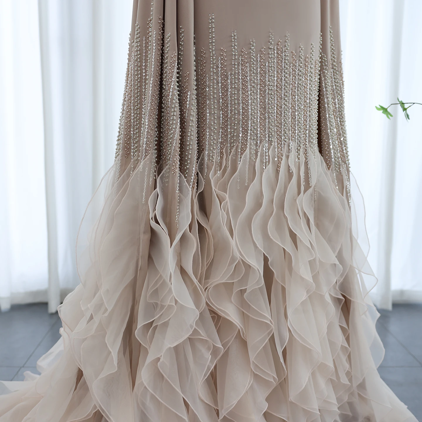 Sharon Said Luxury Dubai Nude Evening Dresses with Cape Sleeves Tiered Ruffles Arabic Women Wedding Party Gowns SS440 Customized image 4