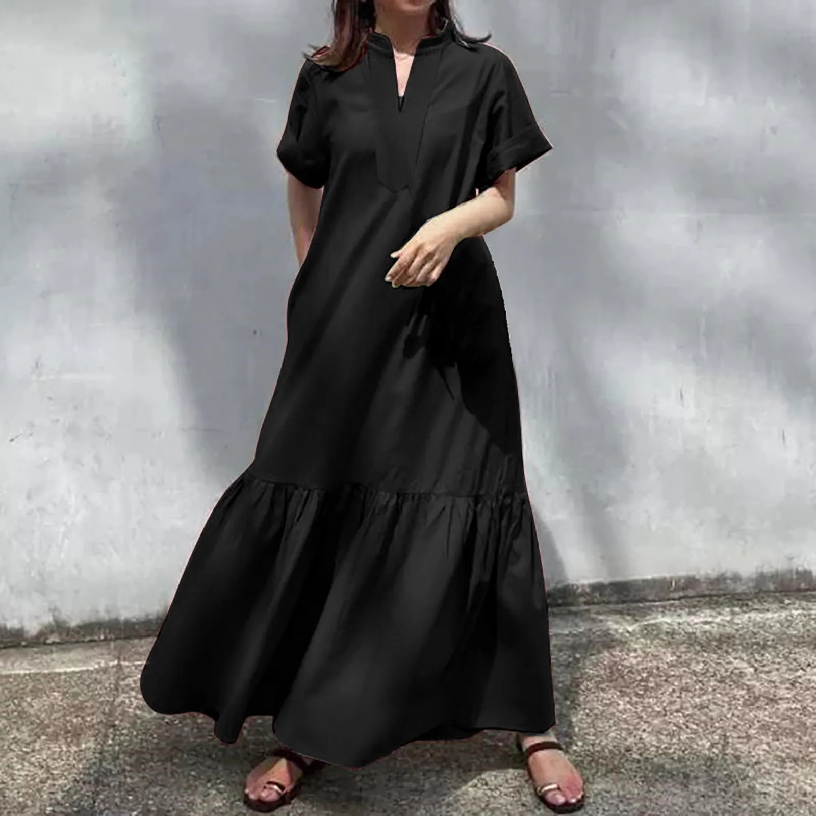 Summer Bohemian Style Long Dress For Women  Casual V Neck A Line Layered Ruffled Ankle Length Dress Solid Loose Maxi Dresses