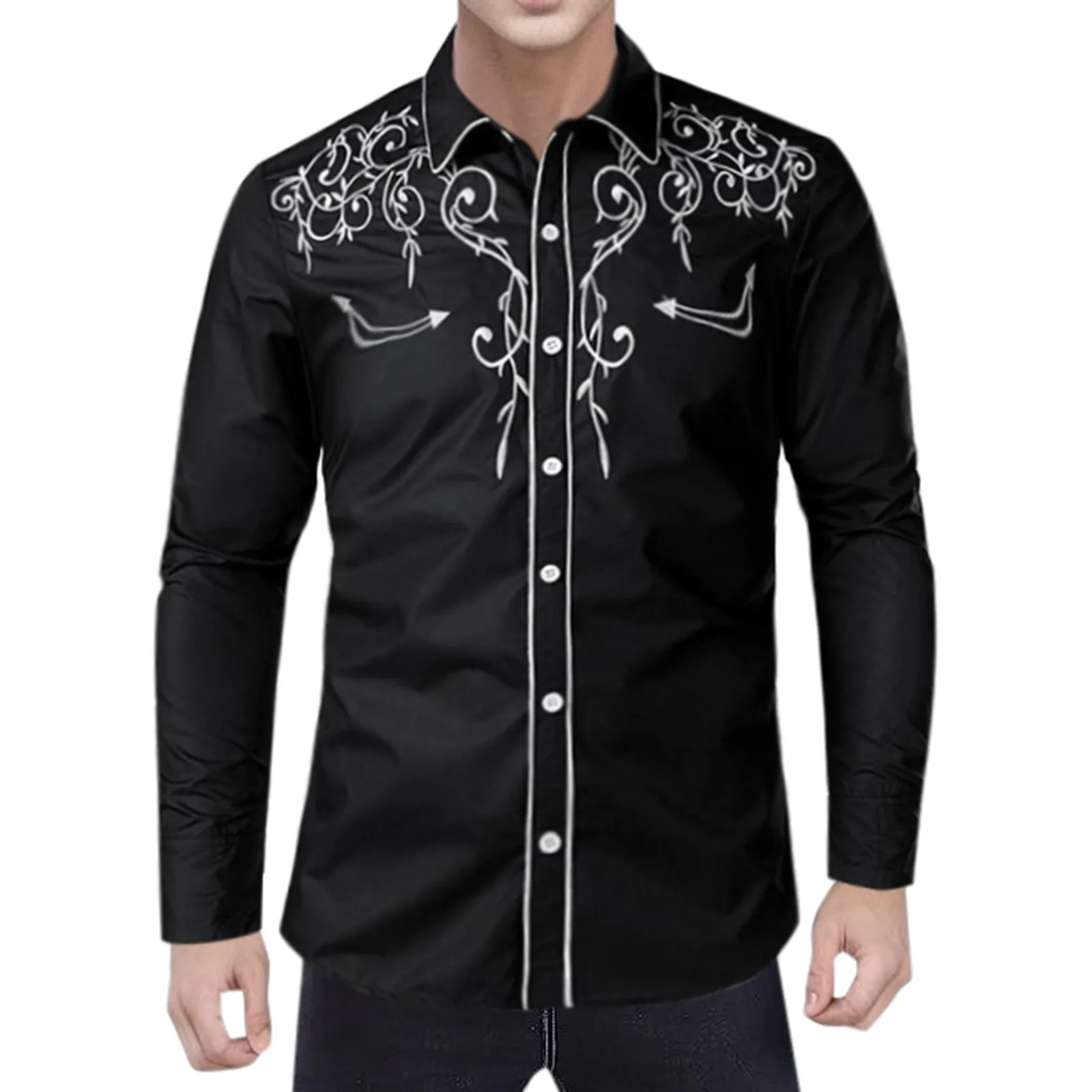 Fashion New Men's Western Embroidered Shirt  American Western Style Cowboy Shirts Casual Solid Color Lapel Collar Blouse