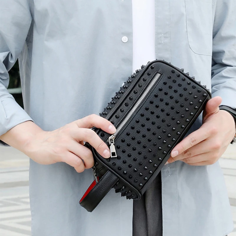 Men Clutch Bag Fashion Personalized Rivet Design HighQuality Leather Waterproof Wallet Versatile Contrast Color Simple ZipperBag
