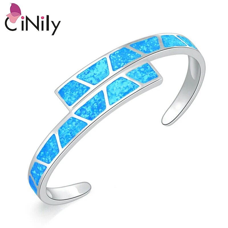 CiNily Ocean Blue Fire Opal Stone Open Bangles Silver Plated Adjustable Bracelet Luxury Large Spring Jewelry Bohemia Boho Female