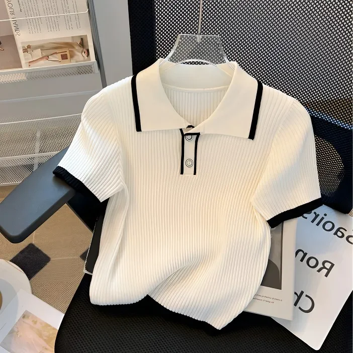 2026 New Elegant Polo Neck Knit Top Women Short Sleeve Button Detail Contrast Trim Slim Fitted Casual Office Daily Soft Knit