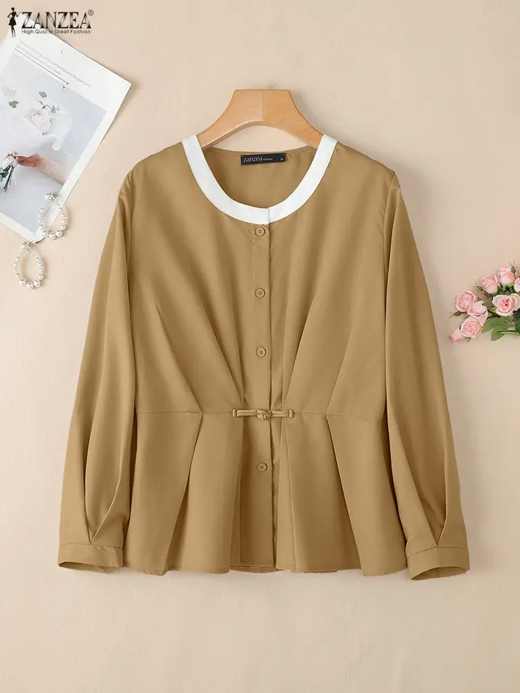 

2025 ZANZEA Autumn Blouses Stylish Waisted Office Shirts Women O Neck Long Sleeve Tops Patchwork Shirt A Line Pleated Blusas