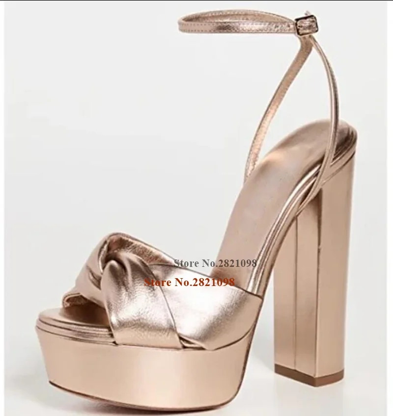 Metallic Buckle Gold Platform Block Heeled High Heel Sandals Women\'s Shoes Cut-Out Knot Ankle Wrap Sexy Summer Shoes Party