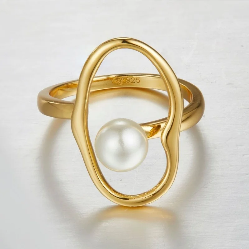 925 Sterling Silver Gold Plated Line Shell Pearl Women\'s Ring Minimalism Fashion Elegant Rings Girls Party Gift 2021 New Trend