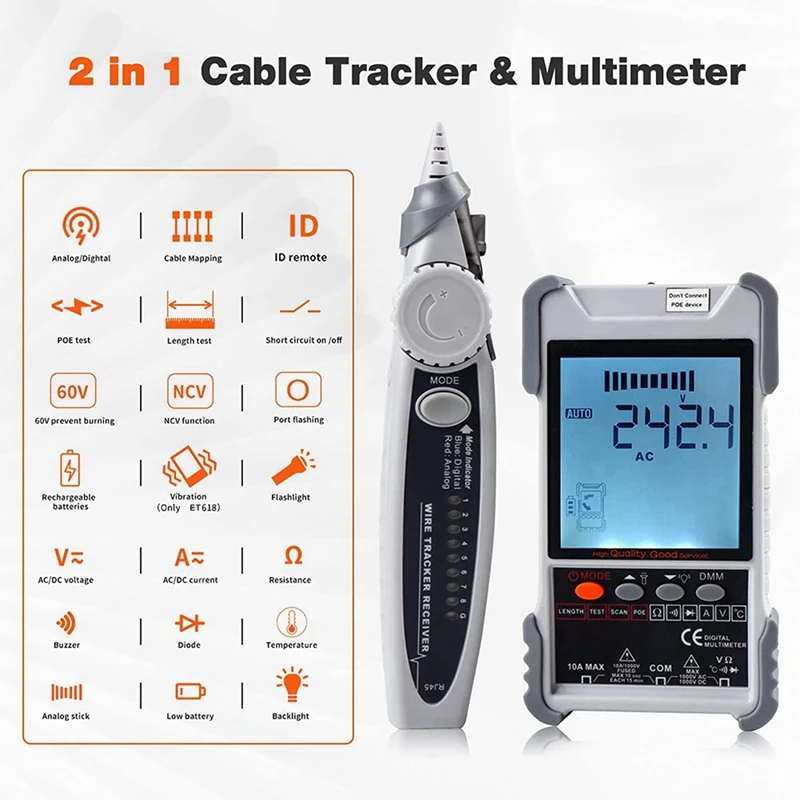 2In1 Network Cable Tester & Digital Multimeter,For CAT5 CAT6, Probe Toner Length Measuring Voltage Tester Tool For Home