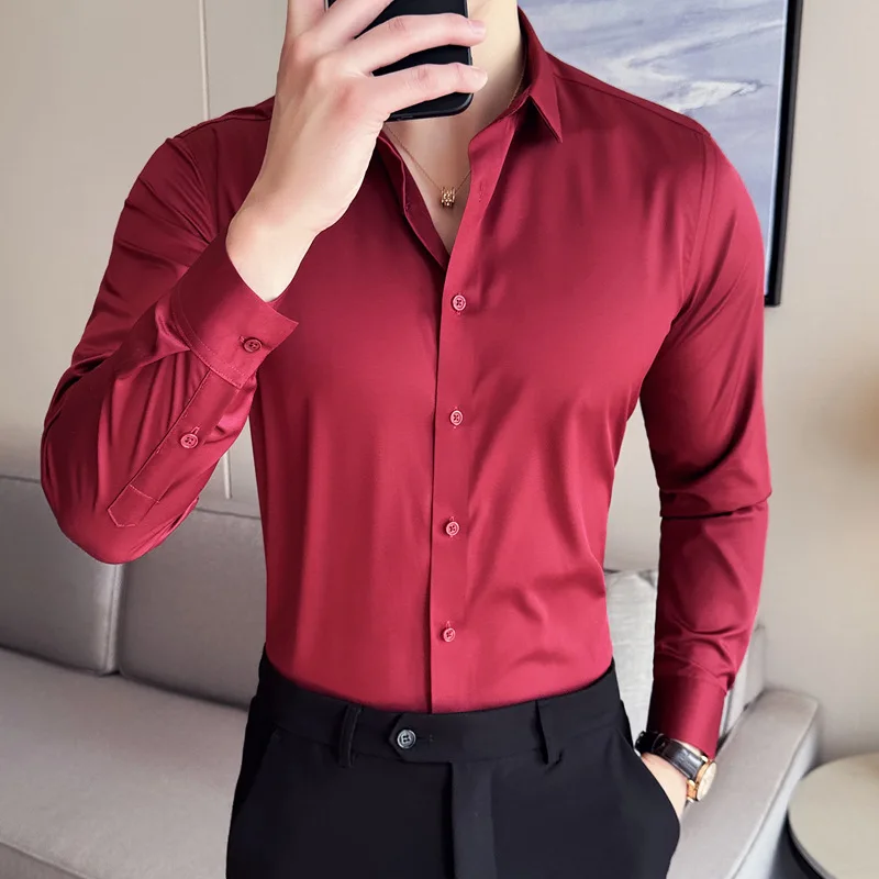 Camicia da uomo 6XL Formale a maniche lunghe Moda di alta qualità Lusso antirughe non stirabile tinta unita business casual seta ghiacciata