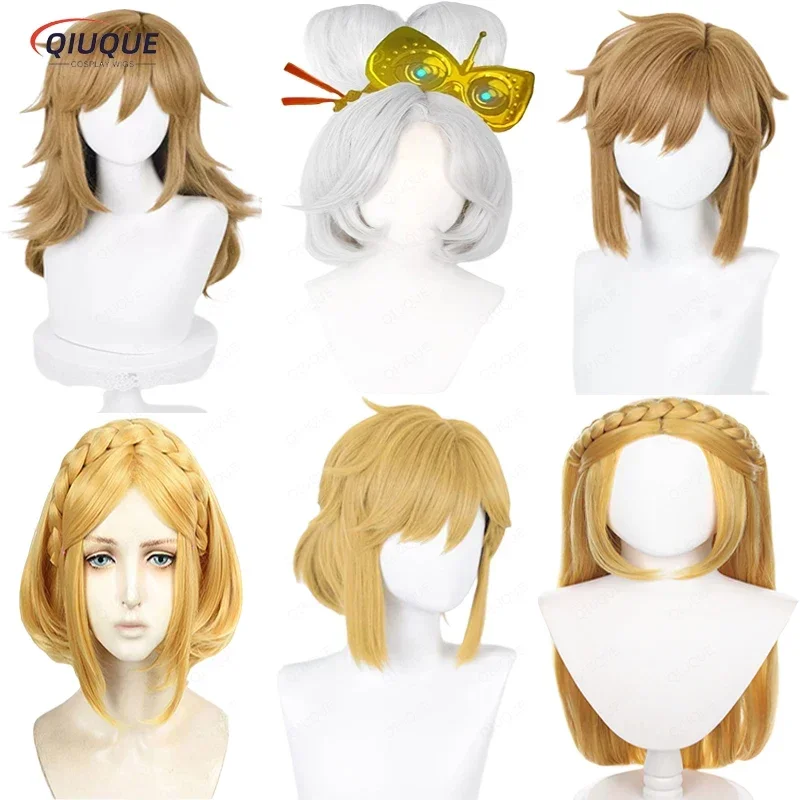 Game Zelda cosplay wig link purah Princess Zelda golden blond brown braided heat resistant synthetic hair wig free wig cap